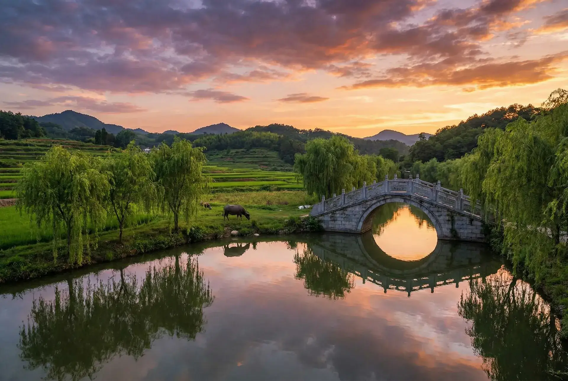 夕阳下的石拱桥与垂柳，水牛在河边吃草 - 亚洲之子 乡村美景